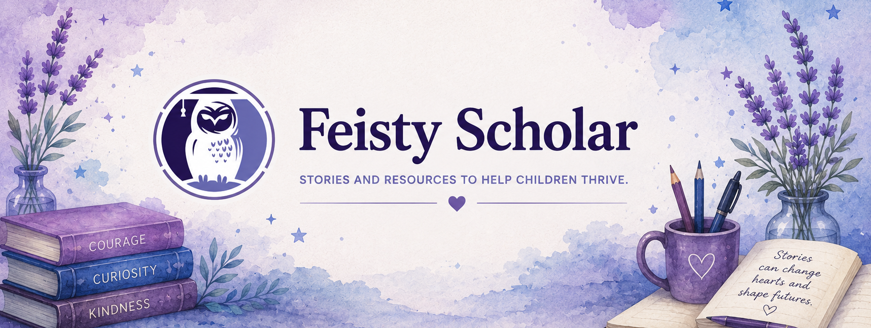 Feisty Scholar website header with books, lavender, and a mug on a light purple background