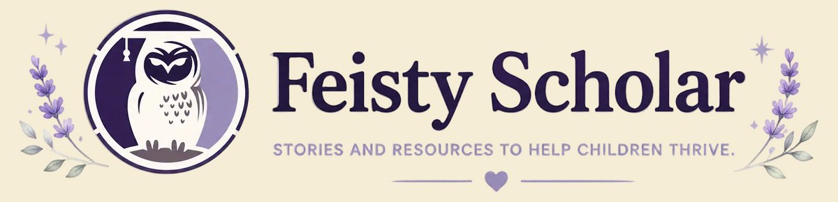 Feisty Scholar logo with owl illustration and text on a white background