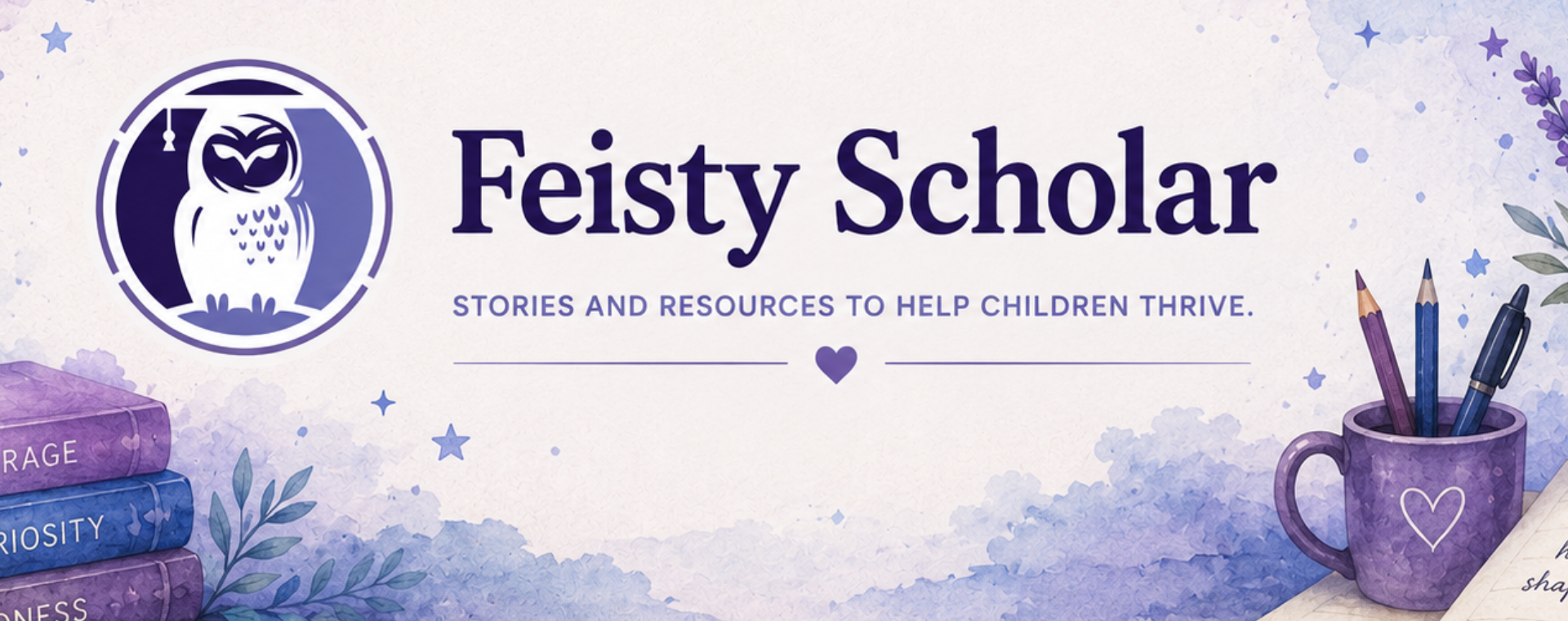 Feisty Scholar logo with books, a mug, and stationery on a watercolor background
