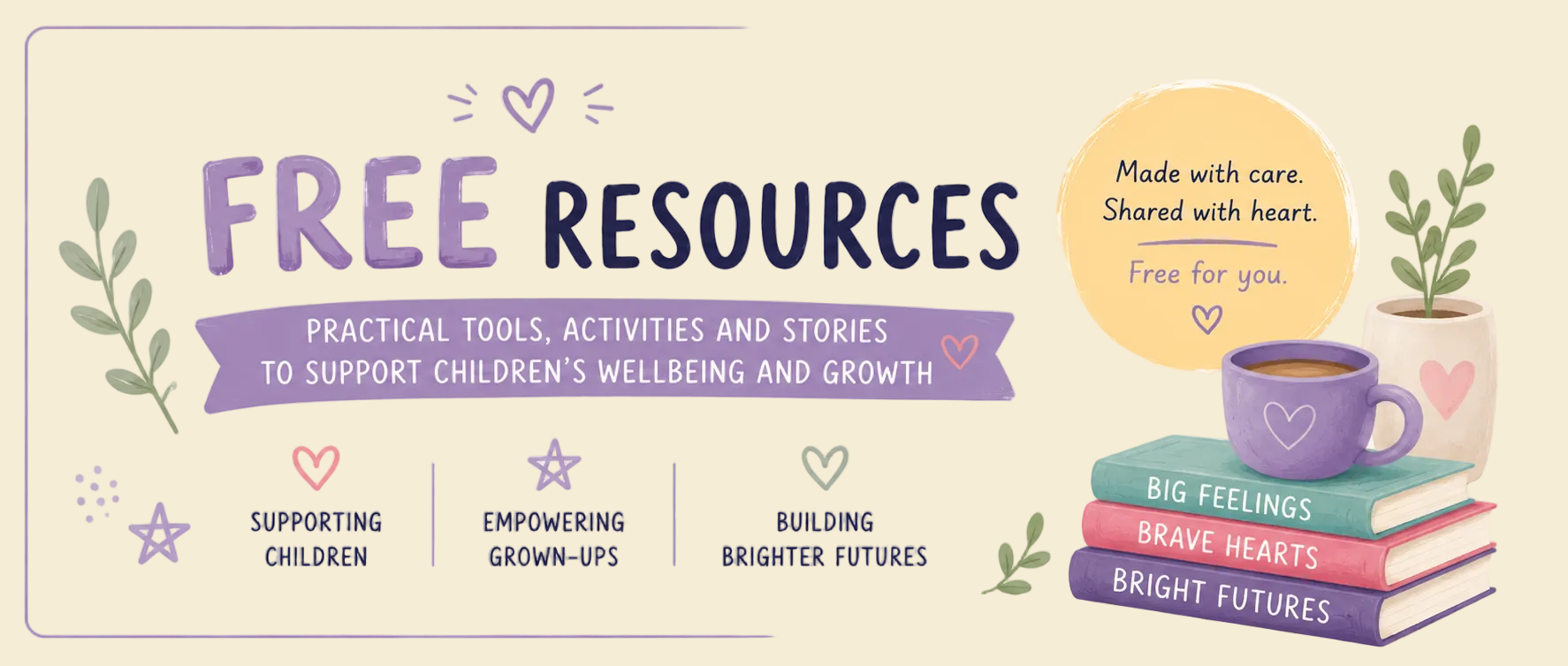 Promotional banner for free resources supporting children's wellbeing with books, a cup, and plants.
