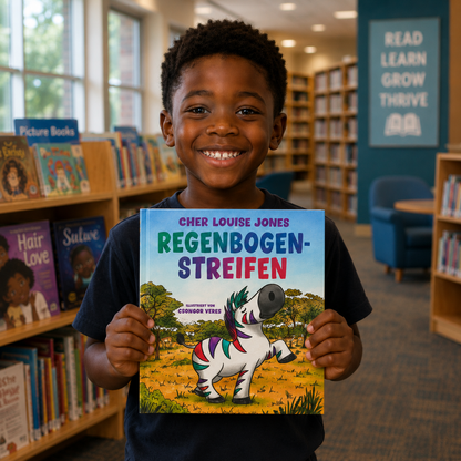 Child holding a book titled 'Regenbogen-Streifen' in a library setting