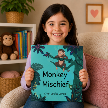 Young girl holding a book titled 'Monkey Mischief' in a cozy room.
