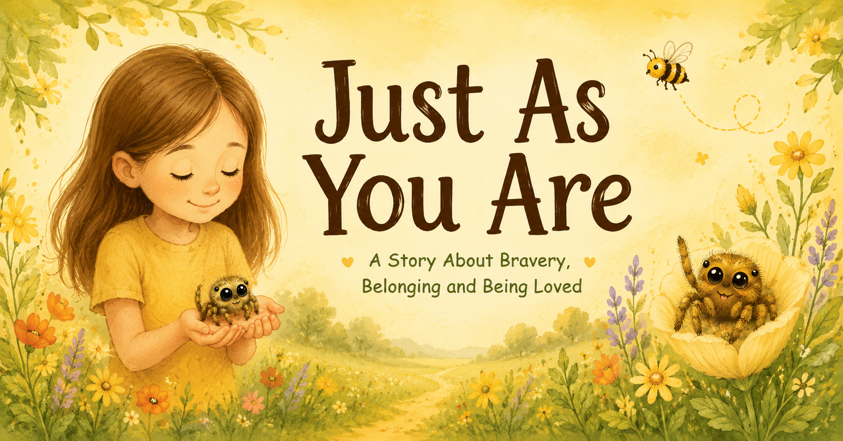 Book cover of 'Just As You Are' with a girl holding a creature, surrounded by nature.