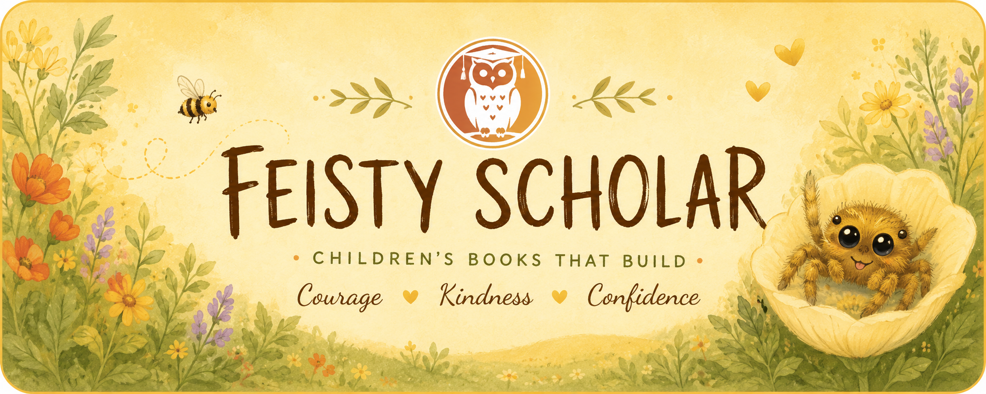 Logo for 'Feisty Scholar' with children's books that build courage, kindness, and confidence, surrounded by flowers and a bee.