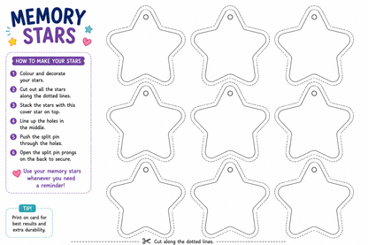 Star-shaped cutout templates with instructions on how to make them, suitable for memory stars. PSHE/SEL lessons.