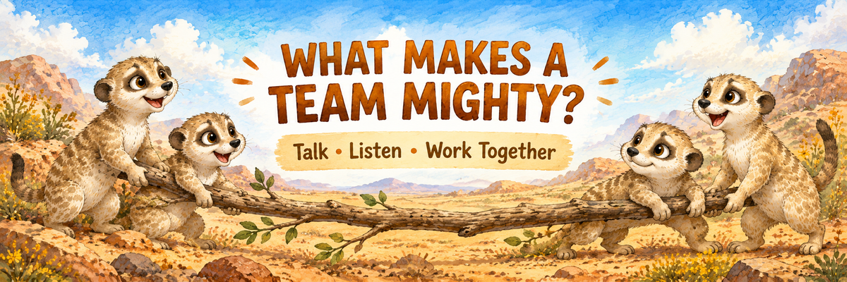 A colorful illustrated banner with cartoon meerkats in a desert landscape and large text reading “WHAT MAKES A TEAM MIGHTY?” with smaller text “Talk • Listen • Work Together.”.