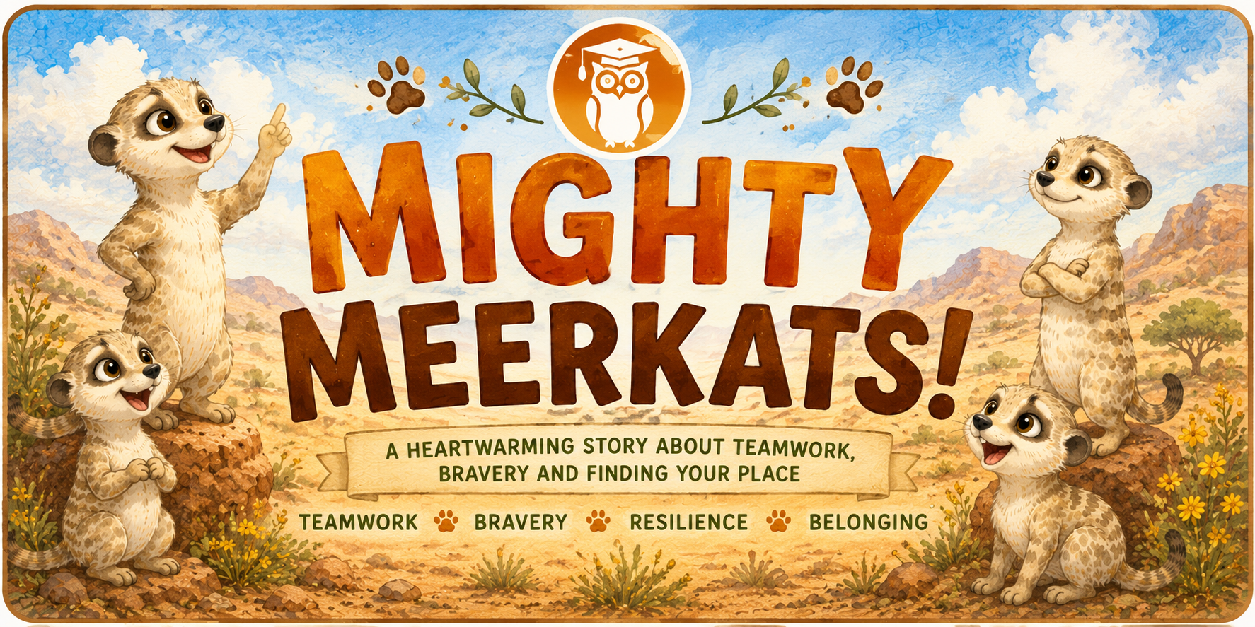 Book cover of 'Mighty Meerkats!' with cartoon meerkats and desert landscape.
