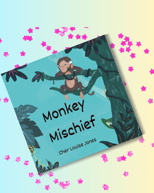 A large print paperback children's book titled 'Monkey Mischief', featuring illustrations of monkeys and jungle foliage on the cover.