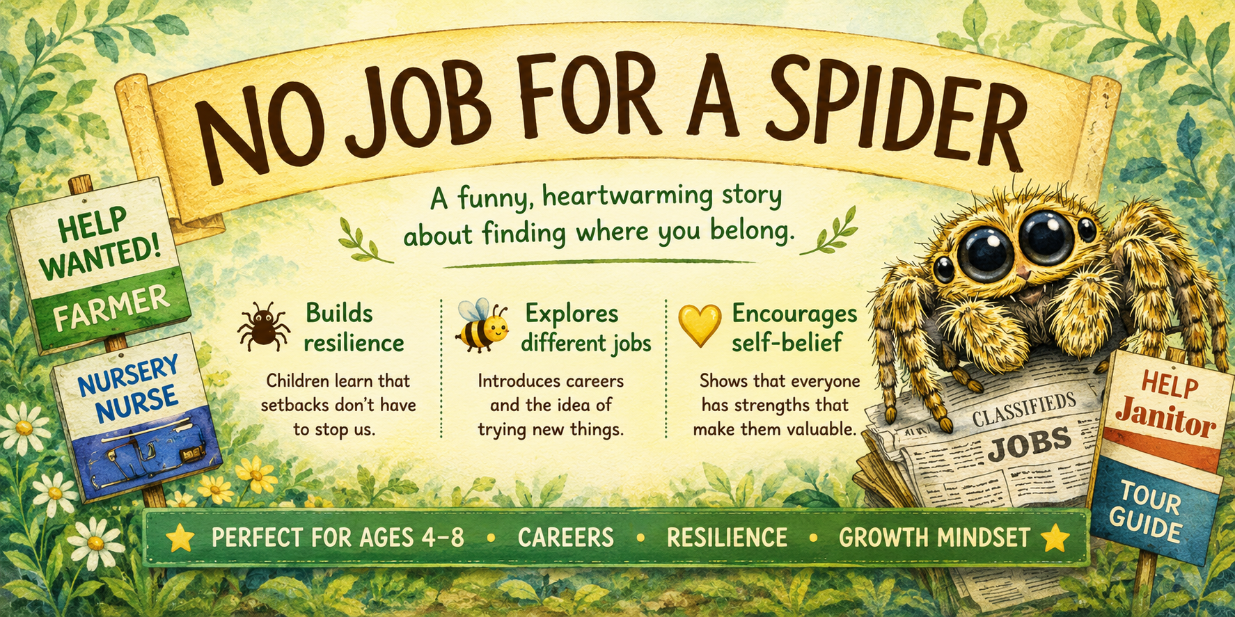 Book cover of 'No Job for a Spider' with spider character and job listings.