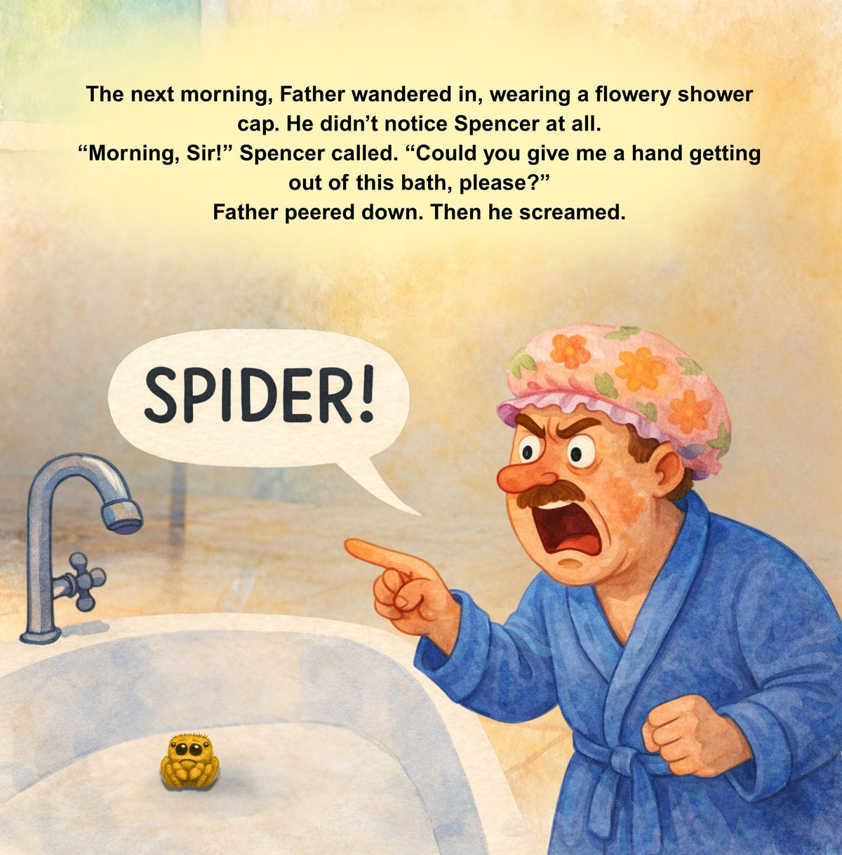 Illustration of a man in a bathrobe pointing at a spider in a sink, with text above.