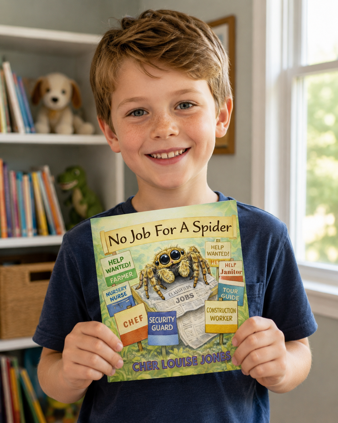 Child holding a book titled 'No Job for a Spider' in a room with books and a dog.
