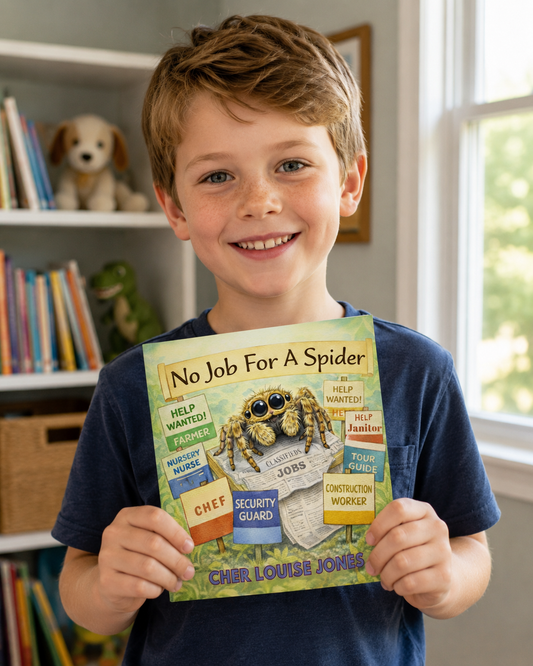 Child holding a book titled 'No Job for a Spider' in a room with books and a dog.