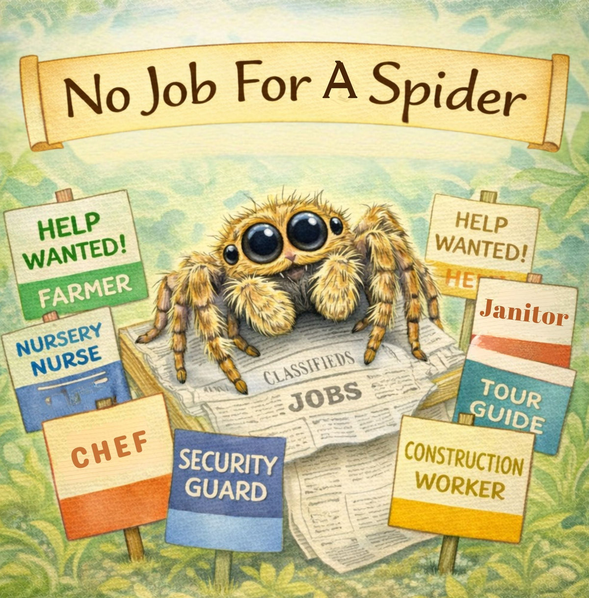 Illustration of a spider reading a newspaper with job listings, including 'No Job For A Spider' at the top.