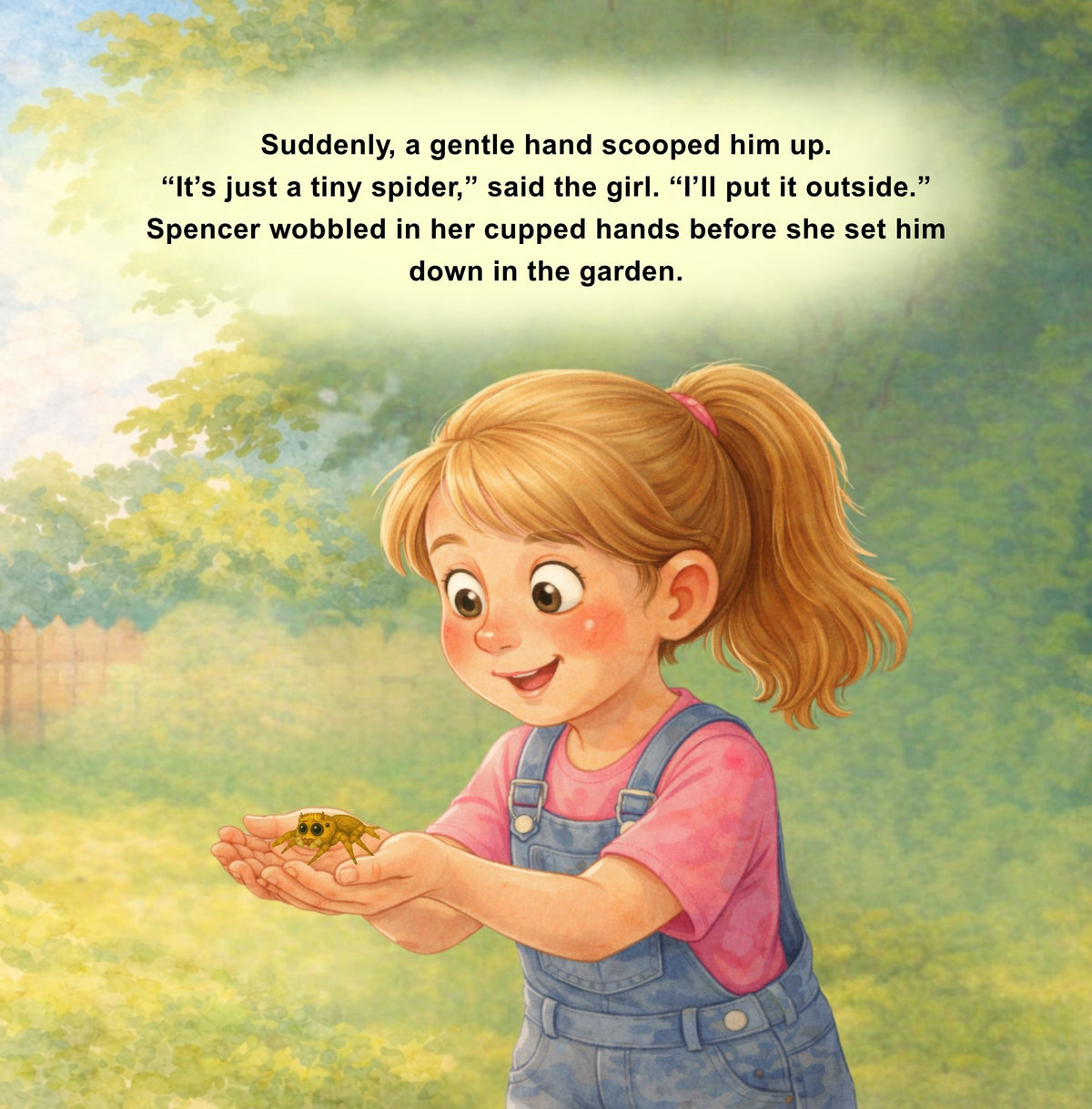 Illustration of a girl holding a spider in her hands with a garden background