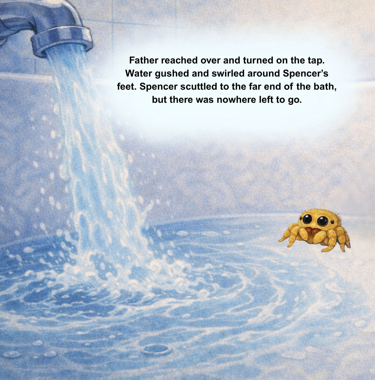 Illustration of a bathtub with water flowing from a faucet and a small creature in the water.