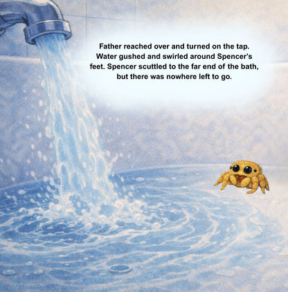 Illustration of a bathtub with water flowing from a faucet and a small creature in the water.