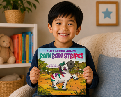 Child holding a book titled 'Rainbow Stripes' with a colorful zebra illustration on a couch.
