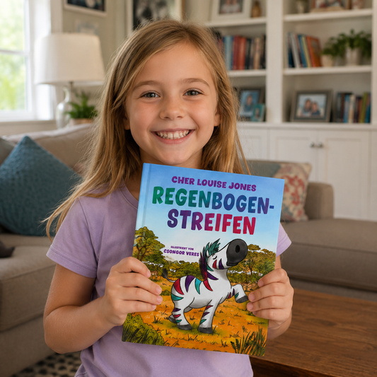 Young girl holding a book titled 'Regenbogenstreifen' in a cozy living room.
