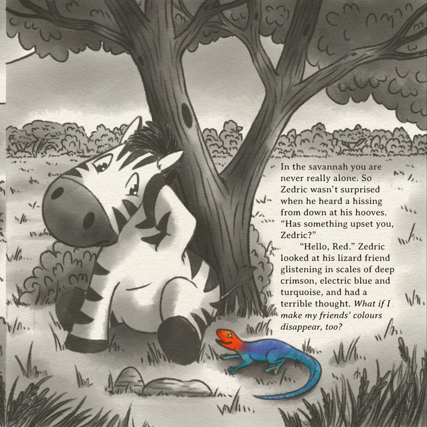 Illustration of a zebra looking into a mirror with a colorful reflection, set in a grassy field with trees.