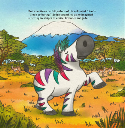 Illustration of a zebra with colorful stripes in an African landscape
