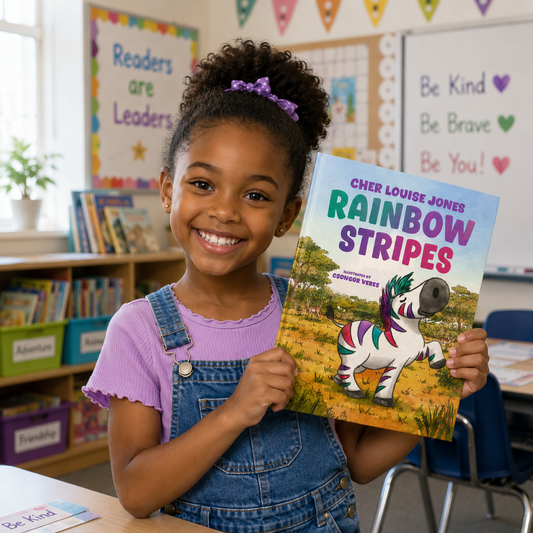 Young girl holding a book titled 'Rainbow Stripes' in a classroom setting