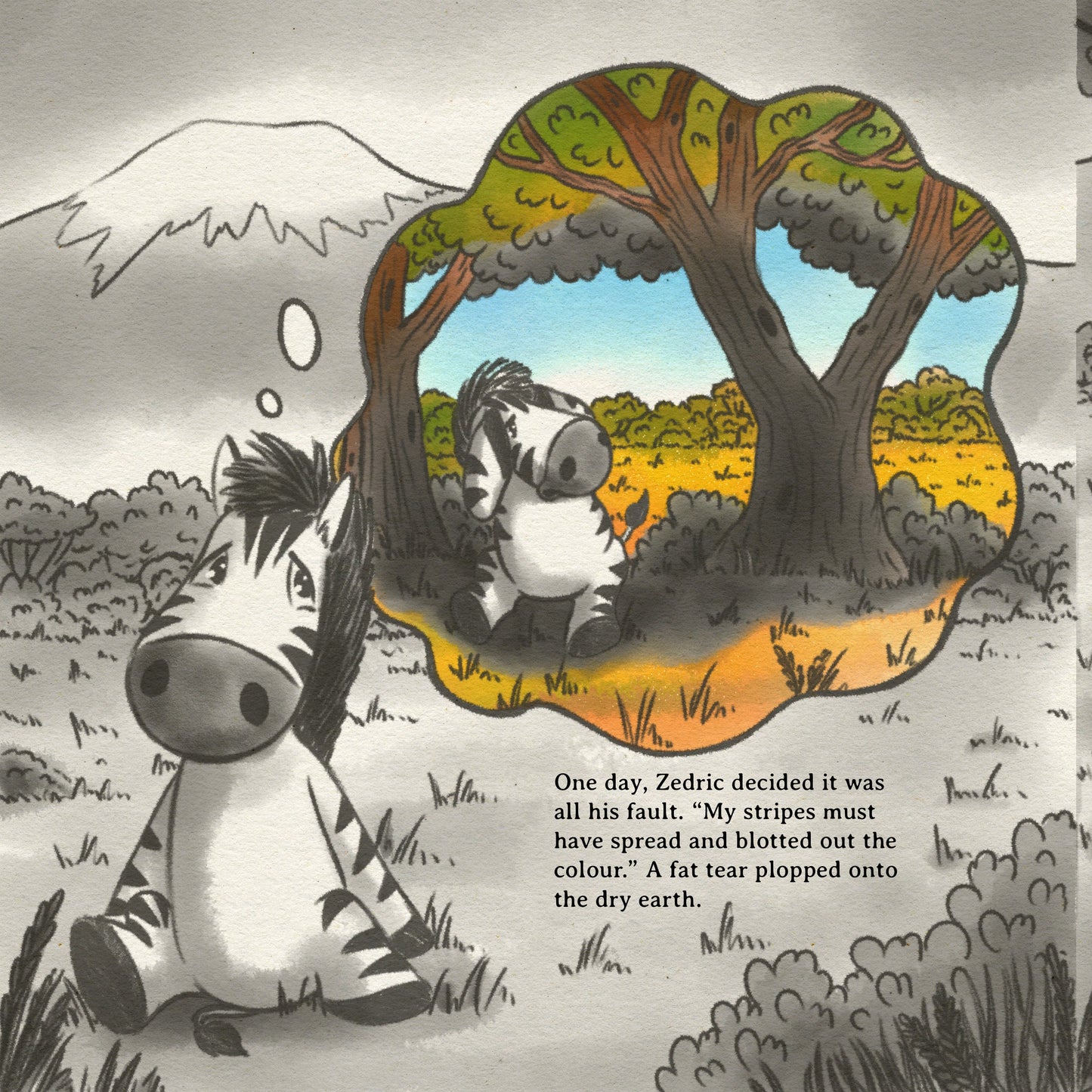 Illustration of a zebra looking into a mirror with a colorful reflection, set in a grassy field with trees.