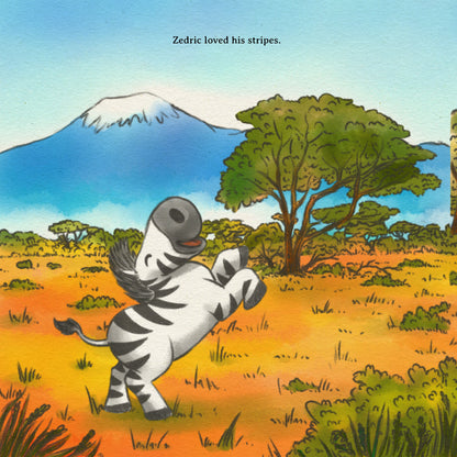 Illustration of a zebra with stripes in an African landscape