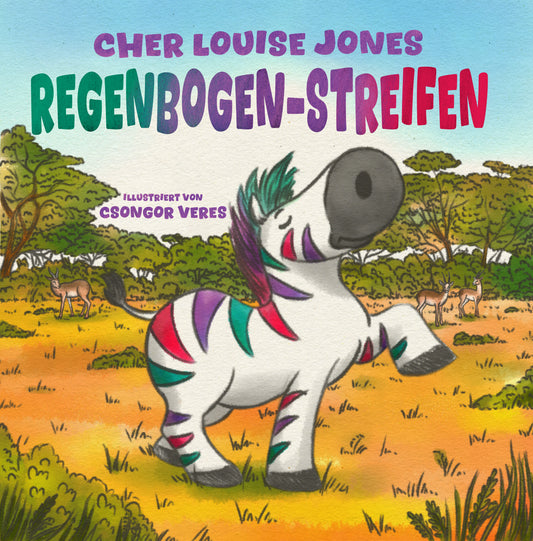Cover von Regenbogen-Streifen, einem Kinder-Ebook von Cher Louise Jones, illustriert von Csongor Veres.