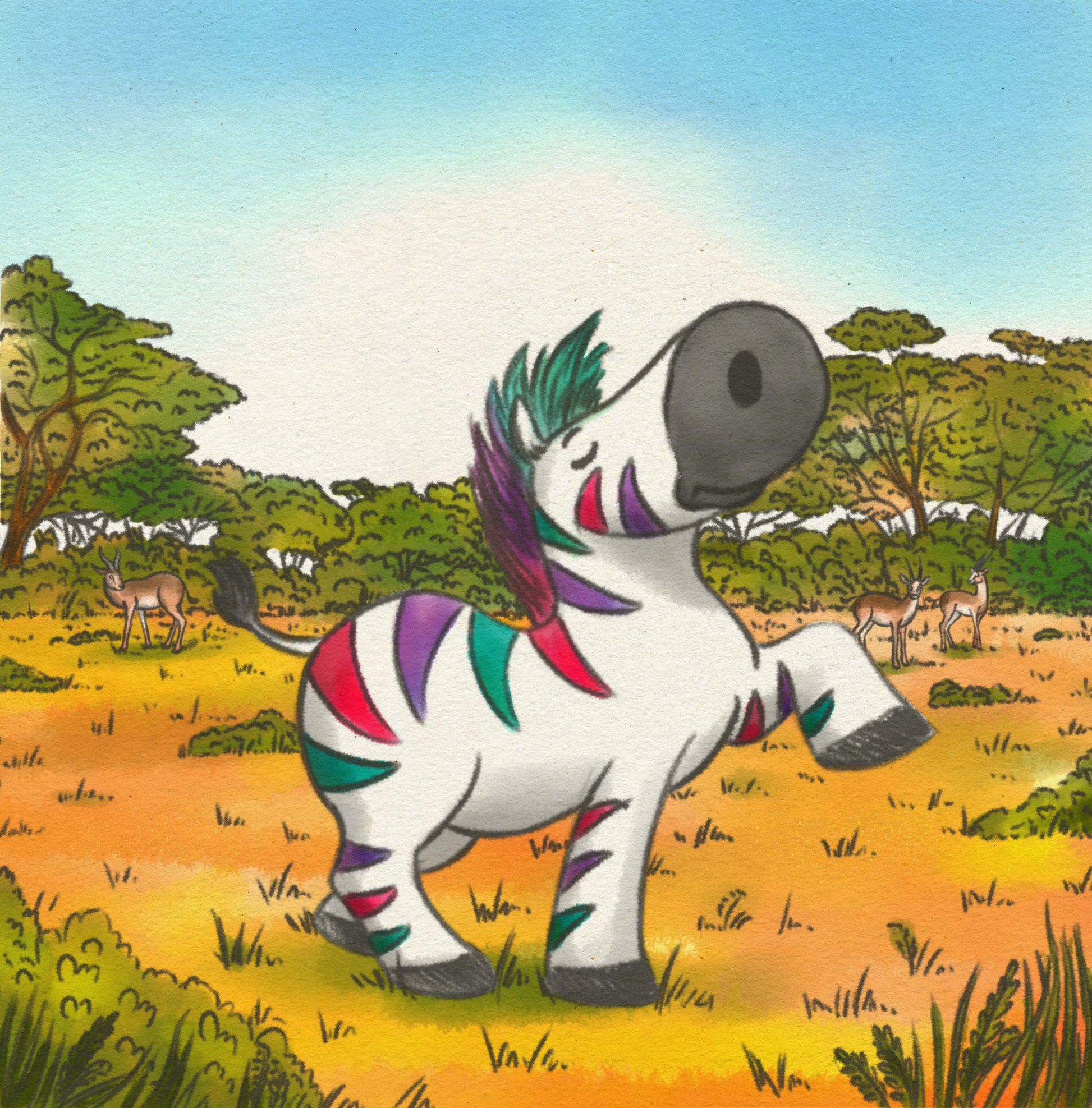Rainbow Stripes by Cher Louise Jones German Zebra Jungle Animals Anxiety and Depression Happy Zebra with colourful stripes