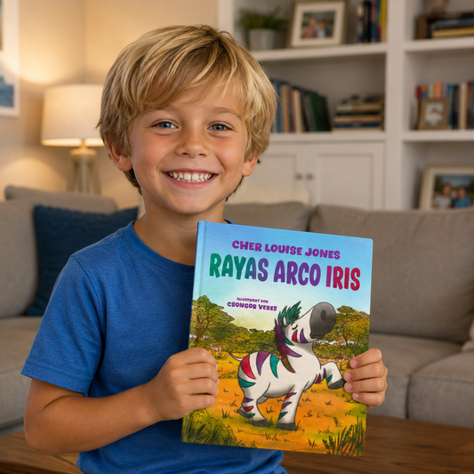 Child holding a book titled 'Rayas Arco Iris' in a living room setting