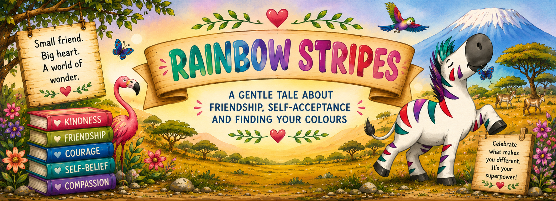 Book cover of 'Rainbow Stripes' with a zebra, flamingo, and mountain in the background
