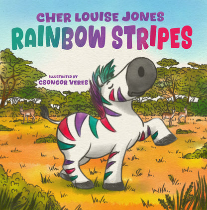 Cover of Rainbow Stripes ebook by Cher Louise Jones, illustrated by Csongor Veres.