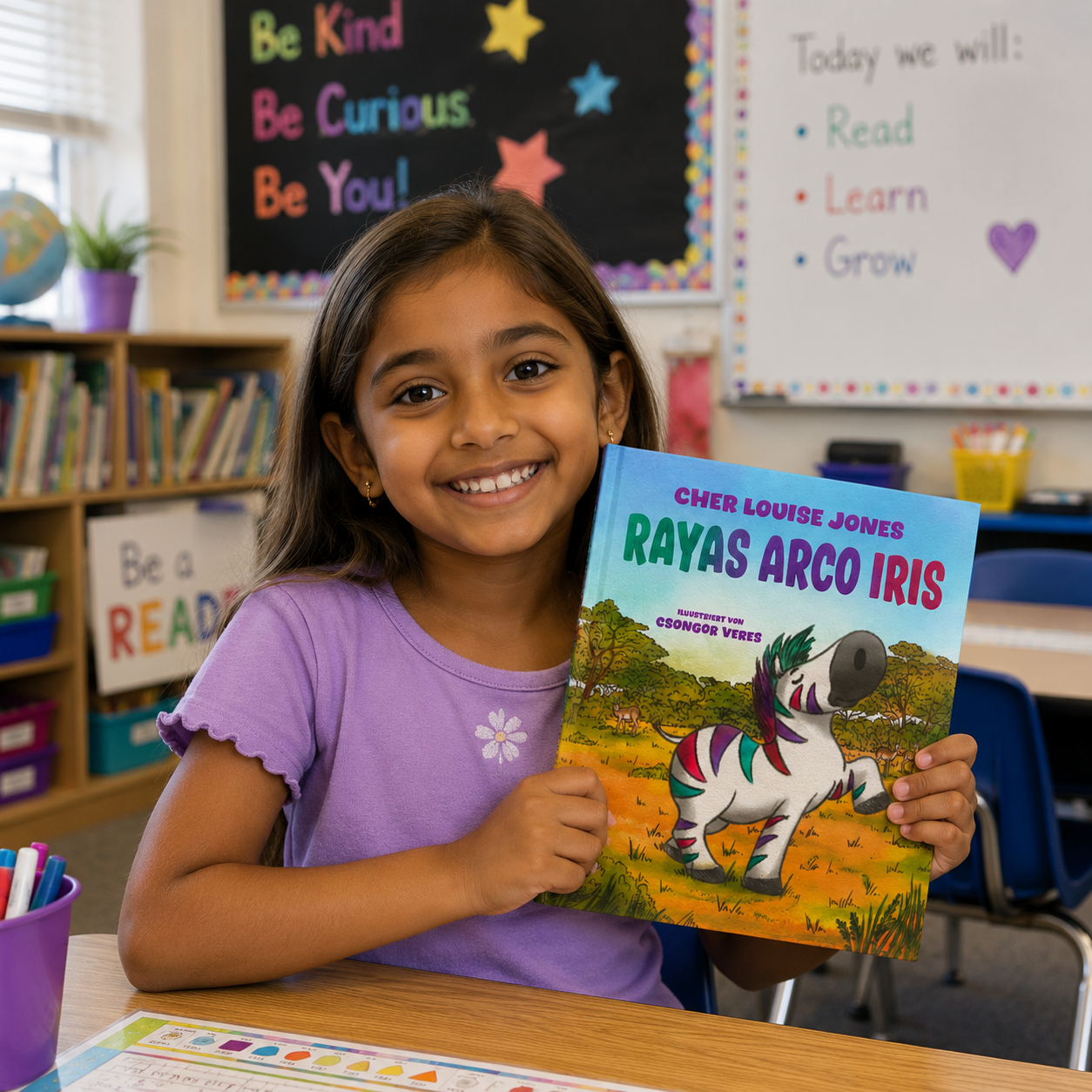 Young girl holding a book titled 'Rayas Arco Iris' in a classroom setting.