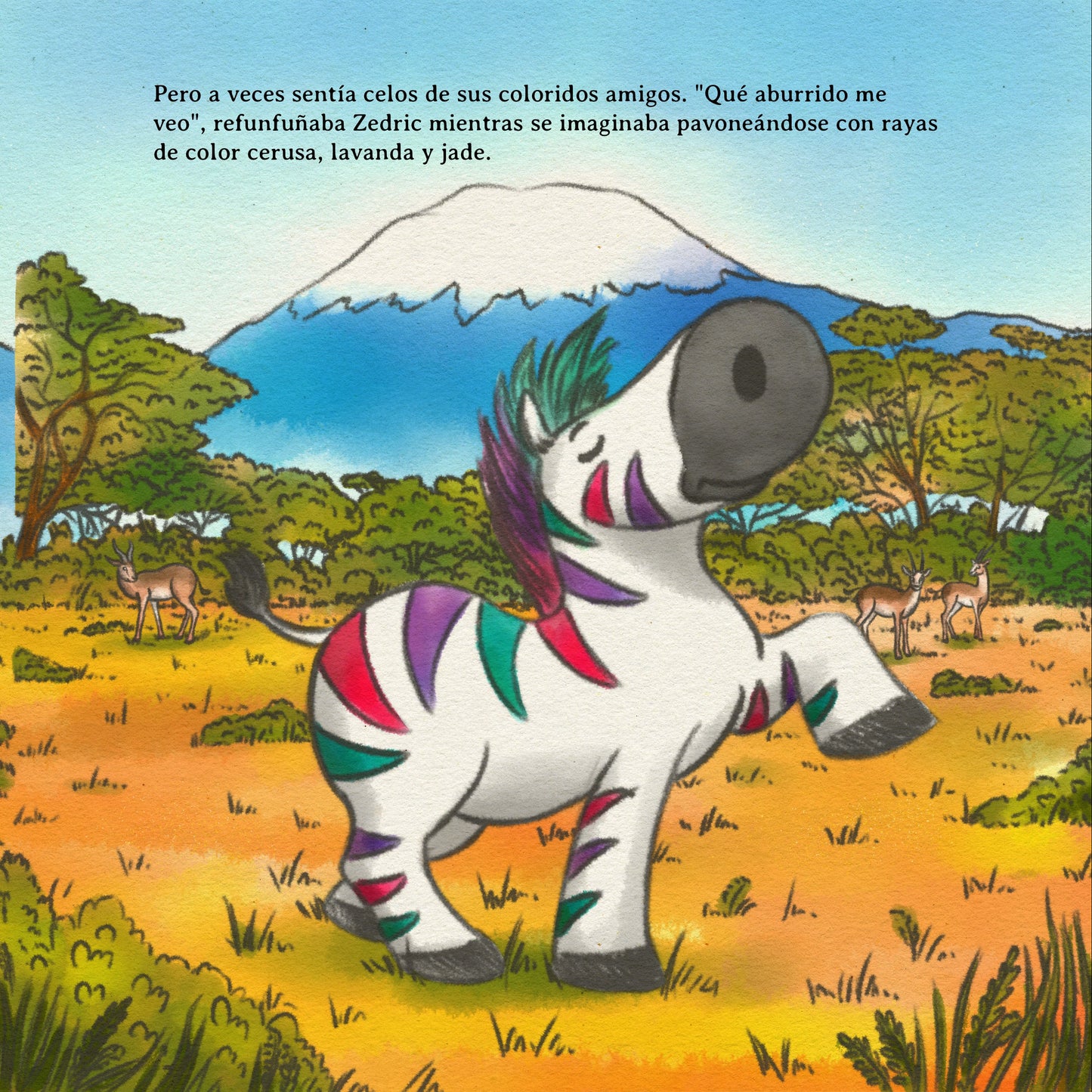 Illustration of a zebra with colorful stripes in a natural setting with mountains and trees.