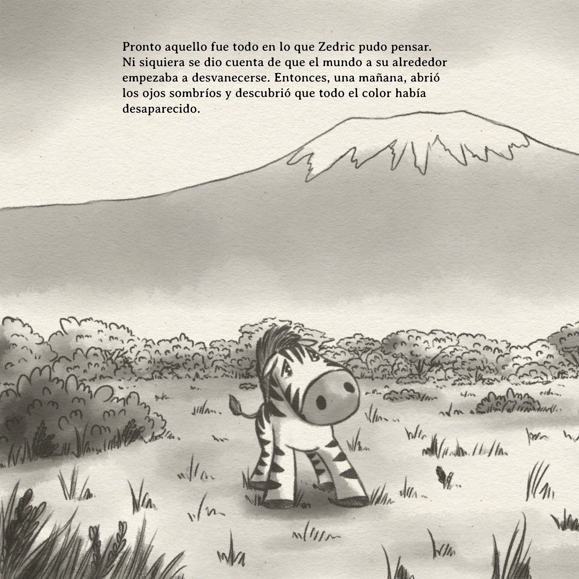 Illustration of a zebra in a savanna with text in Spanish.