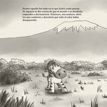 Illustration of a zebra in a savanna with text in Spanish.