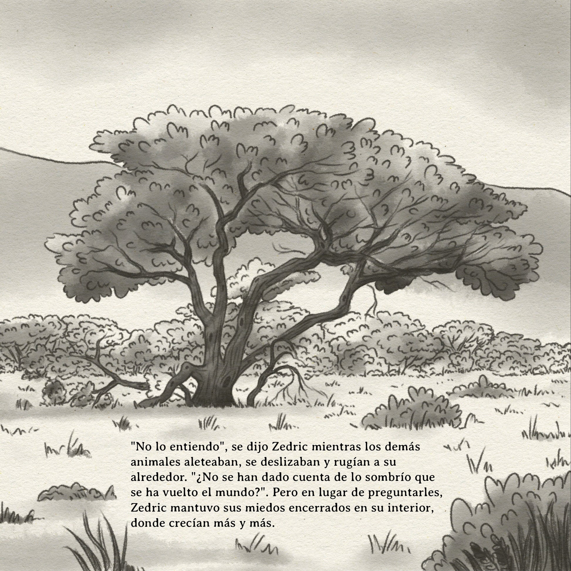 Illustration of a zebra in a savanna with text in Spanish.