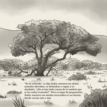 Illustration of a zebra in a savanna with text in Spanish.