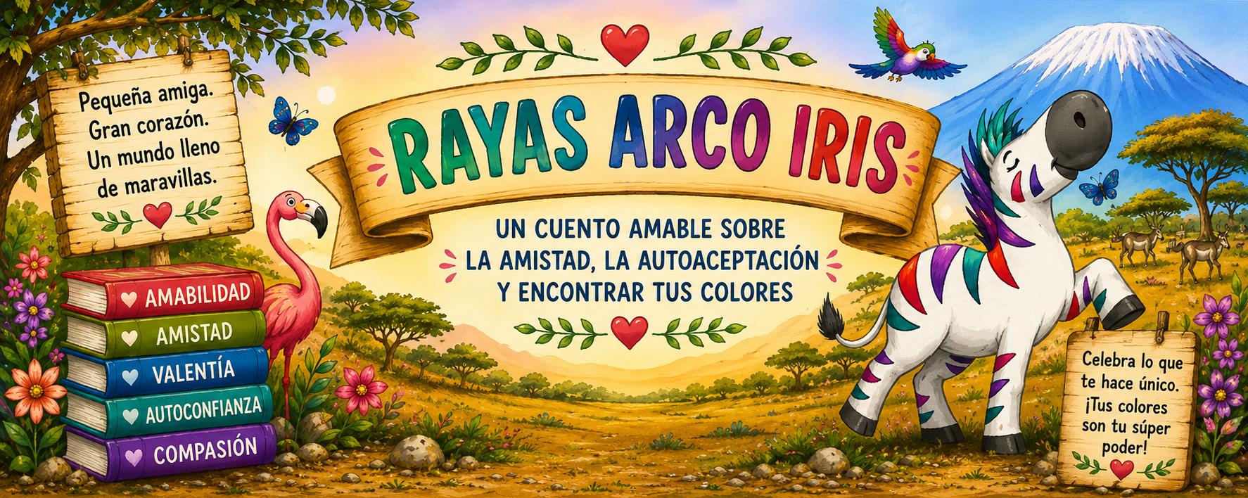 Colorful banner with a zebra, books, and nature elements promoting a children's story about friendship and self-acceptance.