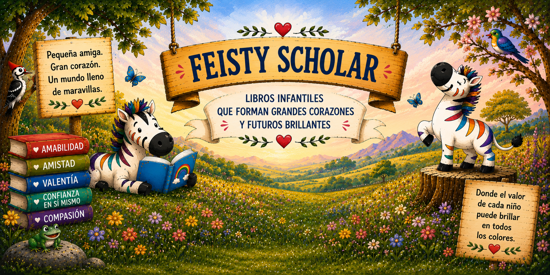 Promotional graphic for 'Feisty Scholar' with cartoon zebra and character, books, and nature elements.