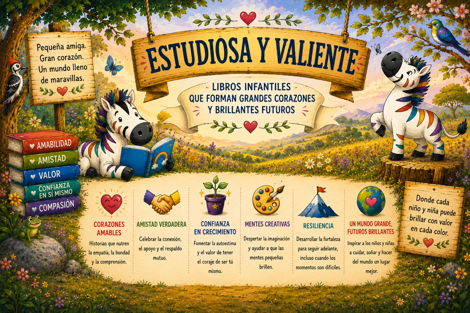 Children's book promotion with cartoon zebra characters and educational elements in a colorful outdoor setting.