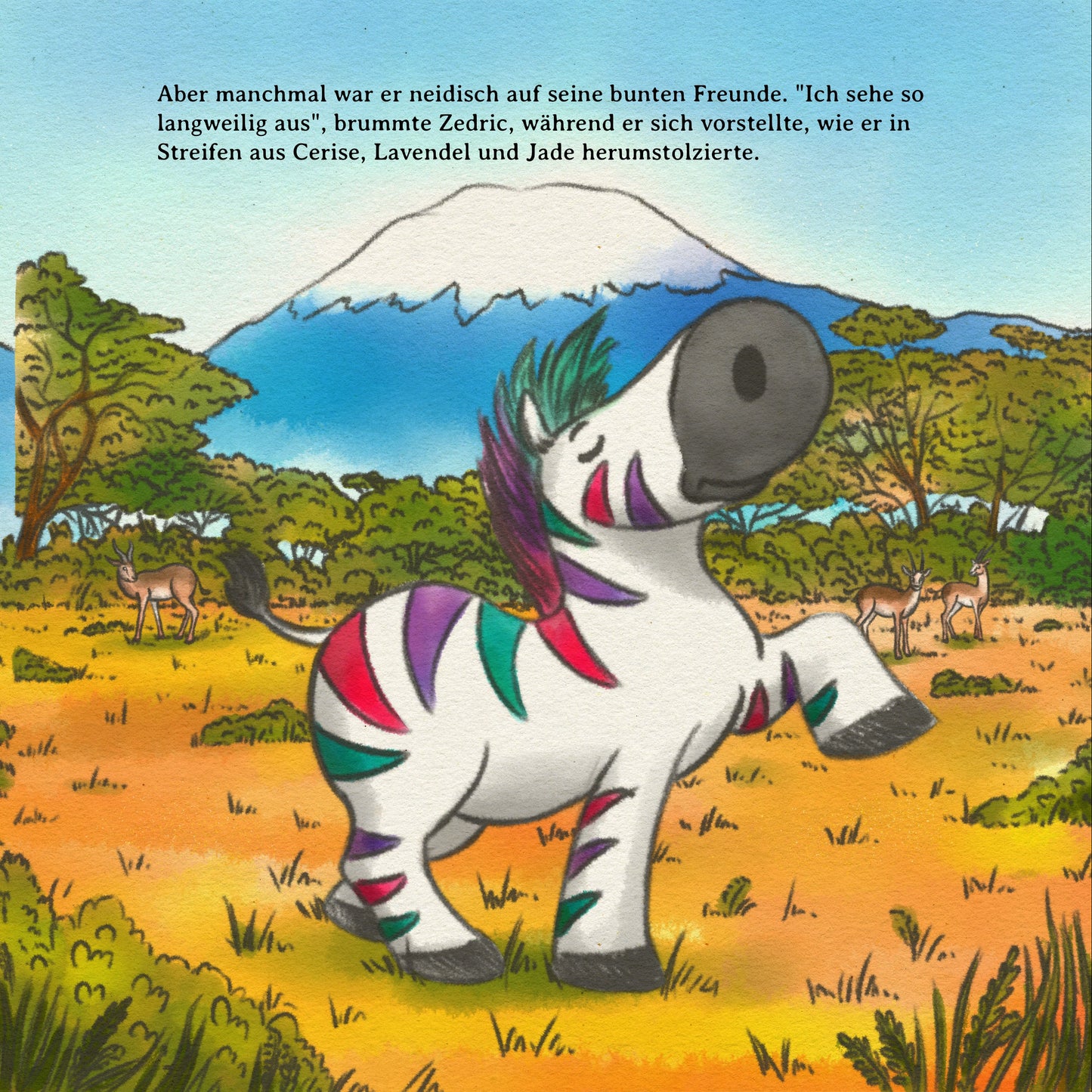 Illustration of a zebra with colorful stripes in an African landscape