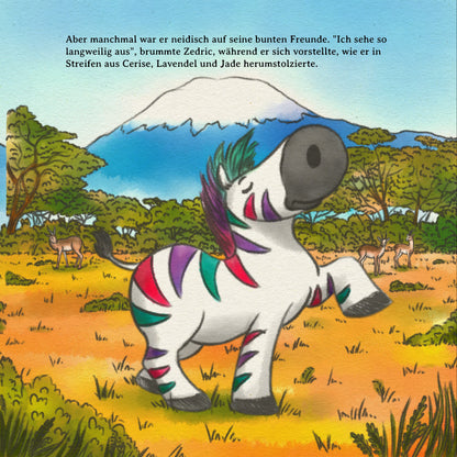 Illustration of a zebra with colorful stripes in an African landscape