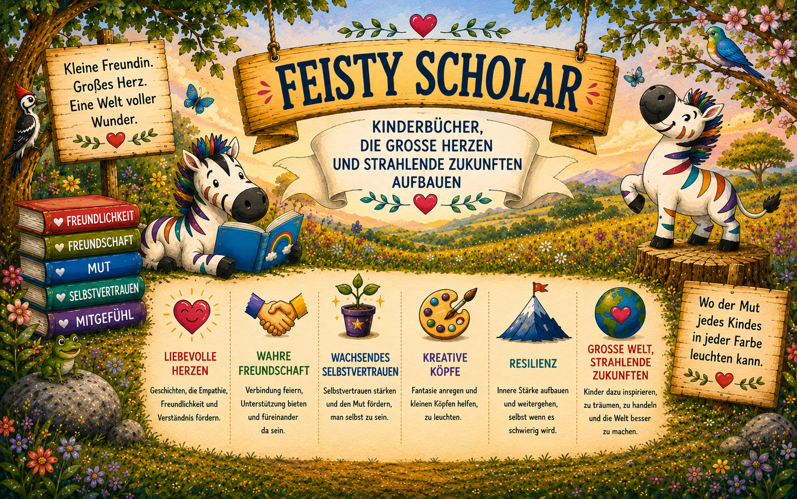 Promotional graphic for 'Feisty Scholar' with cartoon zebra and cow, books, and nature elements.