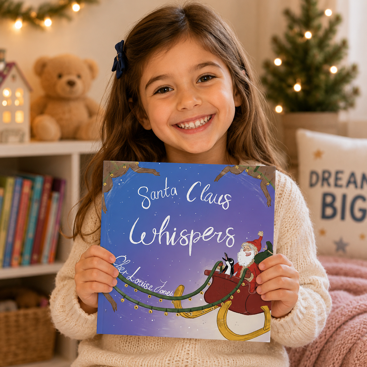 Young girl holding a book titled 'Santa Claus Whispers' in a cozy room with Christmas decorations.