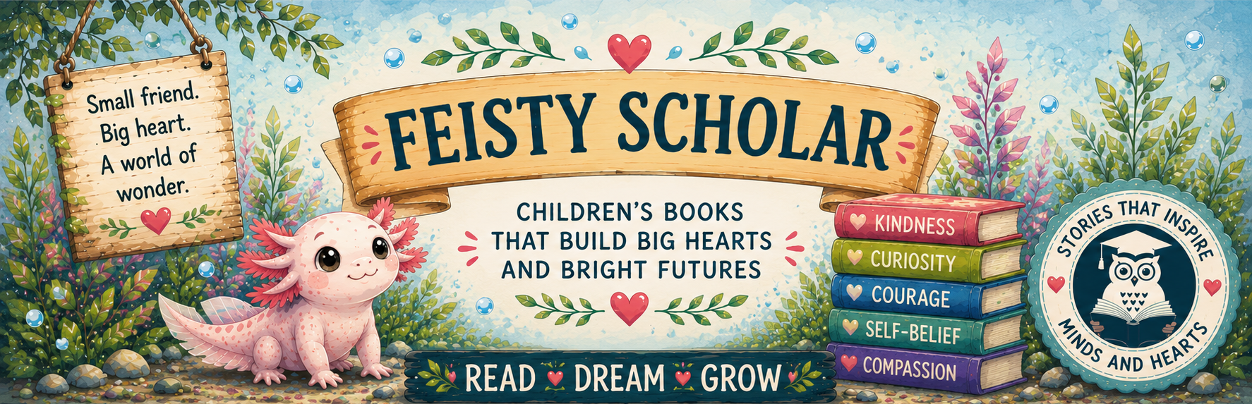 Promotional banner for 'Feisty Scholar' children's books with a pink axolotl, books, and nature elements.