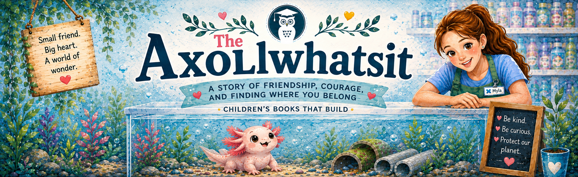 Promotional banner for 'The Axolwhatsit' children's books with a girl, axolotl, and ocean-themed design.