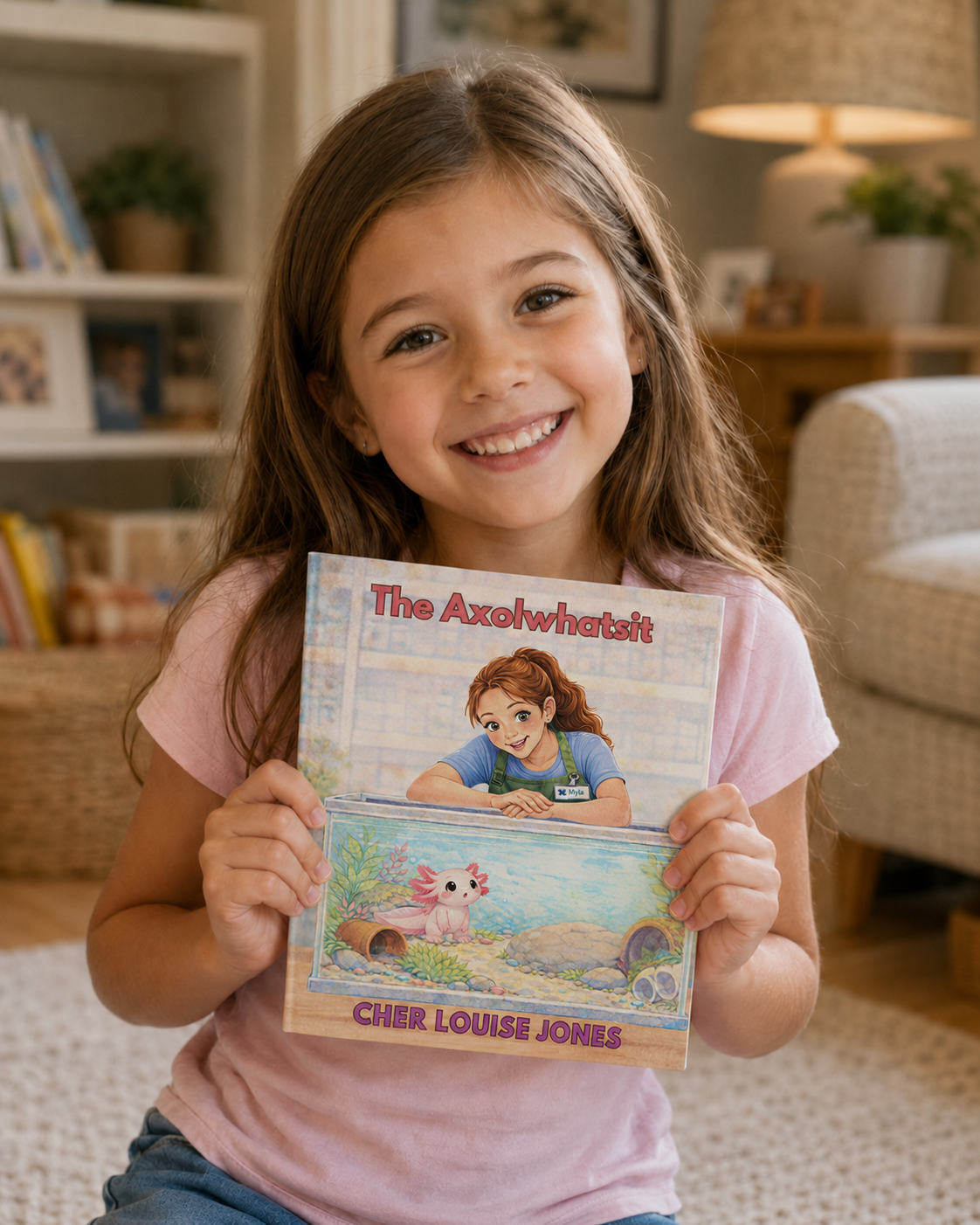 Young girl holding a book titled 'The Axolwhatsit' in a cozy living room.
