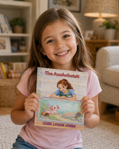 Young girl holding a book titled 'The Axolwhatsit' in a cozy living room.