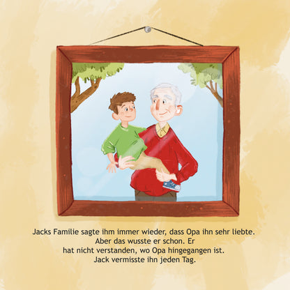 Illustration of a grandfather and grandson in a wooden frame on a yellow background with text.
